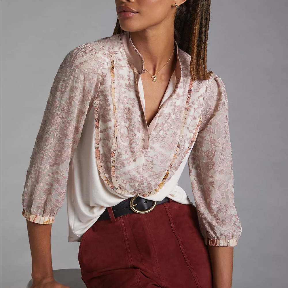Anthropologie Tiny Ruffled Embroidered Top